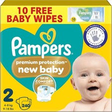 Pampers Premium Protection New Baby Size 2, 240 Nappies, 4kg-8kg, Monthly Pack, 0.13 per nappy