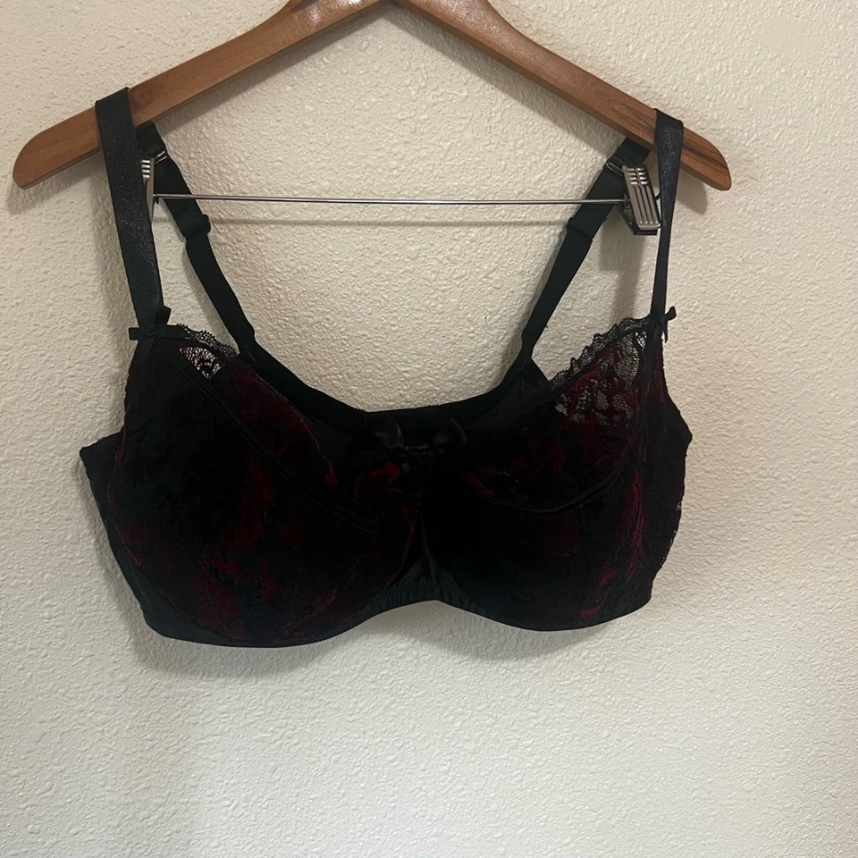 CACIQUE Balconette Bra 40DDD Black Red Lace Velvet Plunge Intimate Romantic Goth - Image 2 of 4