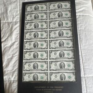 US $2 Federal Reserve Notes Uncut Sheet - Department of the Treasury