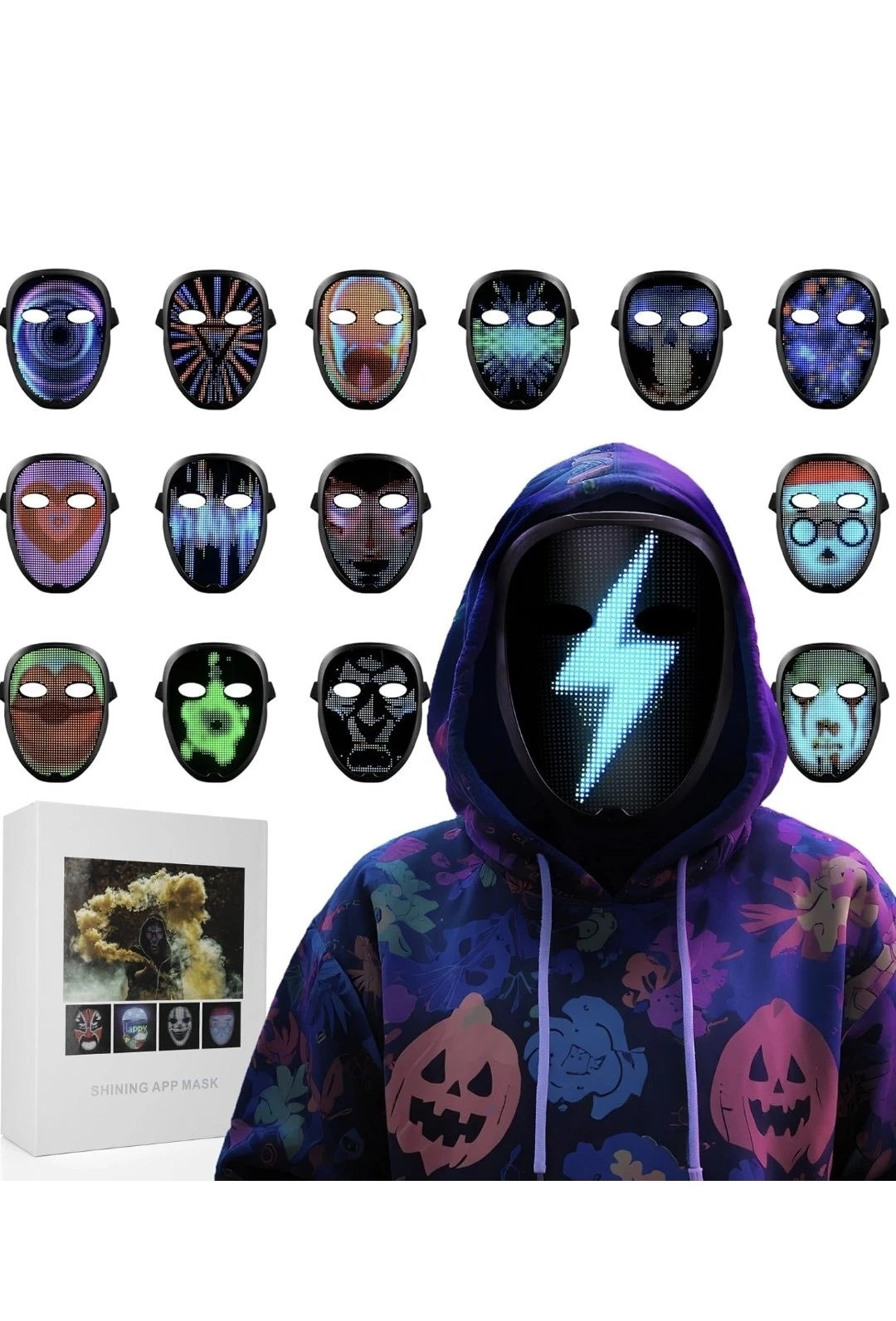 LED Light Up Face Mask with Gesture Control, Funny Party Mask Changing Light
