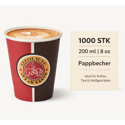 1000x Premium Pappbecher 200 ml 8 oz Kaffeebecher To Go Trinkbecher Kaffee&Tee