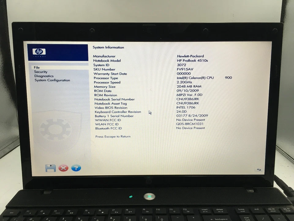 HP PROBOOK 4510S - BOOTS TO BIOS - INTEL CELERON 900 - 2GB RAM - 15" - READ - BB - Image 2 of 4