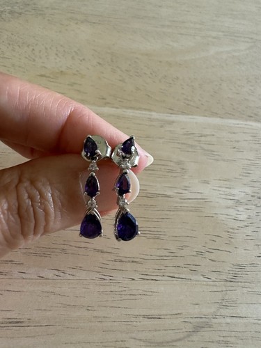 Teardrop Dangle Drop Earrings Silver Tone Purple Amethyst Crystal Prong from JTV
