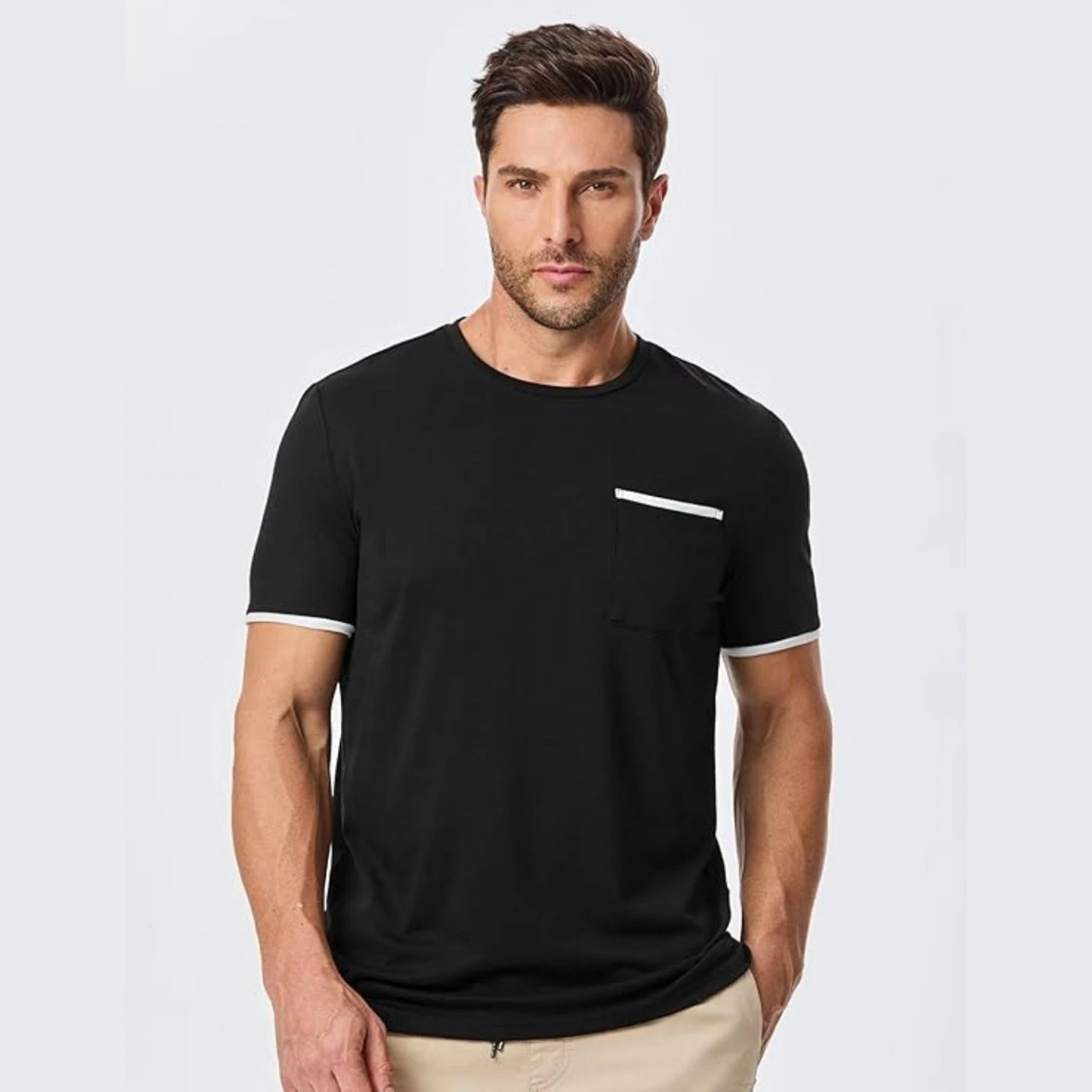 Medium Men's Black Contrast Trim Stretch Cotton Pocket Crewneck T Shirt