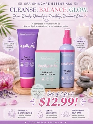 Global Beauty Care Spa Skincare Essentials 3pc Set Cleanser/Moisturizer/Toner