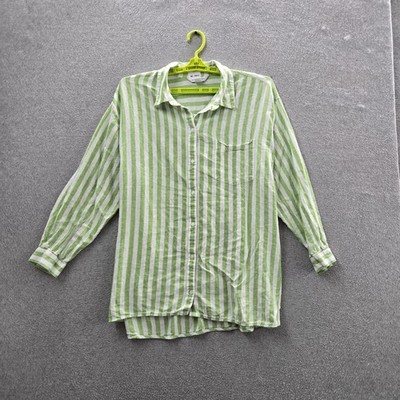 Old Navy Women Button Up Shirt 2X Green Linen Rayon Striped The Boyfriend READ