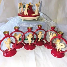 German MCM Vintage Angel Music Box & Candle Holders Set 50's Red Plastic READ