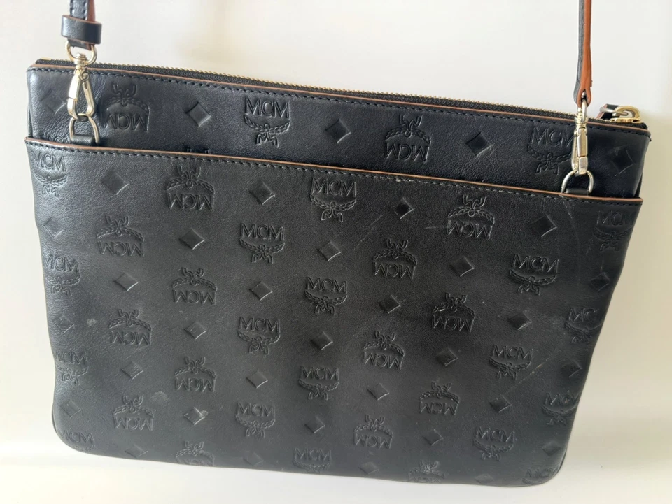 Auténtico MCM Klara MD Monograma Logo Negro Cuero Bolsa Bandolera Foto 3 de 4