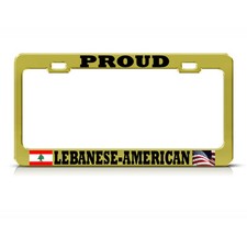 Proud Lebanese American Gold Lebanon Flag Pride Metal License Plate Frame Tag