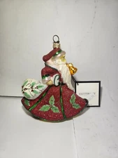 Joy To The World Glitterazzi HOLLY BERRY SANTA ORNAMENT 4.5" Christmas Glass 