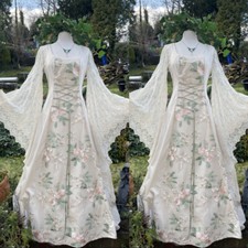 Vintage Medieval Wedding Dresses with Pink Florals Long Sleeves Bridal Gowns