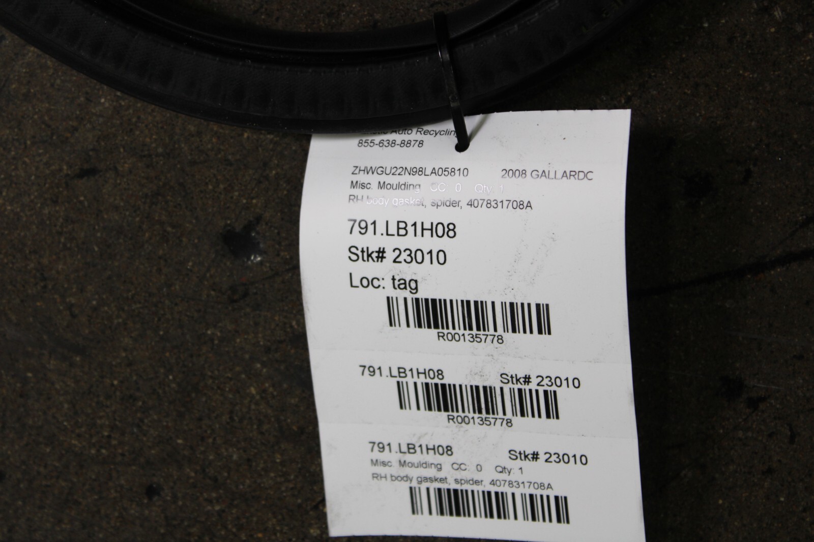 Lamborghini Gallardo, RH, Right, Body Gasket Moulding, Used, P/N 407831708A