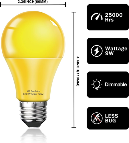 LED Bug Light Bulbs Outdoor 2 Pack,Dimmable 9W Amber Yellow Bug Light Bulbs, 100 - Picture 5 of 12