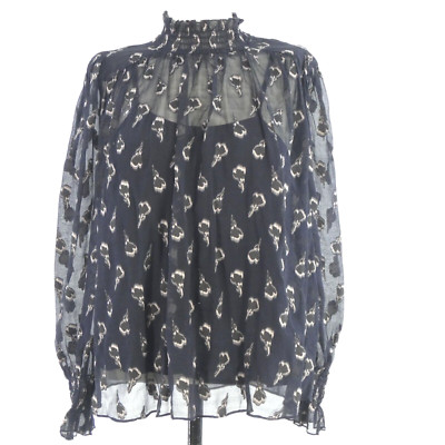 Ba&Sh Bluse MALAWI marine Blumenmuster Puffärmel transparent gefüttert Seidenmischung Gr. S