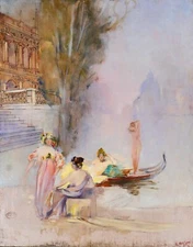 Raymond Allègre Painting Venice Italy Woman Art Nouveau Landscape Impressionism