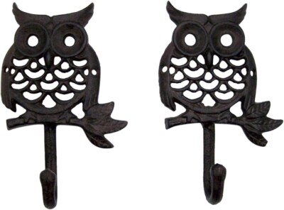 Set of 2, Distressed Decorative Cute Owls Cast Iron Wall Hooks