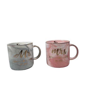 Set Mr. and Mrs. 2019 Mugs Pink & Grey Pearlized Tie Dye Gold Trim 2PK