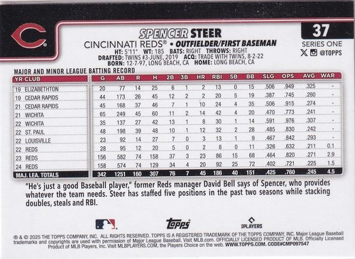 2025 Topps MLB Baseball Series 1 No. 37 Spencer Steer Cincinatti - Bild 2 von 2