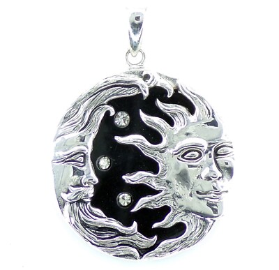 Large Sterling Silver Crescent Moon, Sun & Stars Pendant on Black Resin w/ Chain