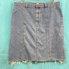 French Cuff Womens Size 14 Cut Off Knee Length Denim Skirt Vintage Wash Raw Hem