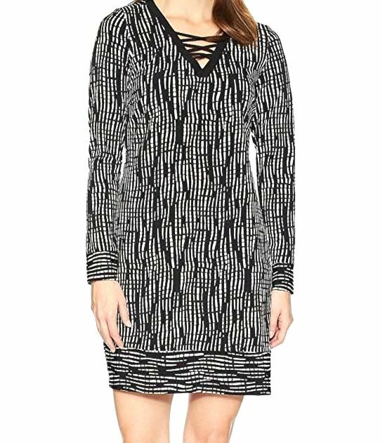 tribal long sleeve dress $200 Tribal Women's Black Printed Long Sleeve Lace-Up V-Neck Shift Dress  Size XL