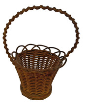 Vintage Tiny Round Flower or Gathering Basket w/ Handle, Woven Wicker, Brown