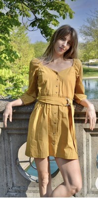 NWT Bash Ba&sh SZ S Cyrielle Belted Cotton Dress in Ochre