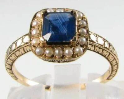 9K 9CT GOLD SAPPHIRE PEARL CLUSTER HALO ART DECO INS RING FREE RESIZE - Image 1 of 4