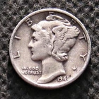 OLD SILVER COIN OF UNITED STATES OF AMERICA 1941 MERCURY DIME WORLD WAR II