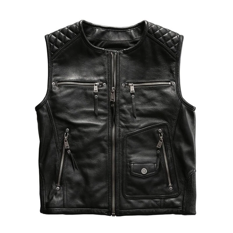 MEN'S REAL COWHIDE LEATHER VEST BIKERS VEST WITH QUILTED PANELS BIKERS VEST