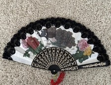 Vintage Hand Fan Peacock Flowers Lace Plastic Fabric Folding Black White