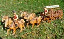 Vintage Lowenbrau Barrel Wagon w/ 4 Horses Driver + Rider & 20 Barrels Beer Cart