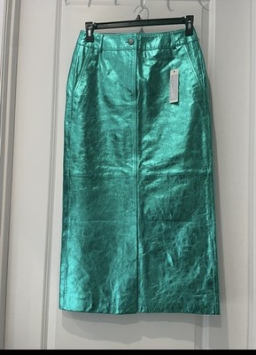 ESPRIT. Light Aqua Green 100% leather Midi Skirt US 6 Regular Size Women's Skirt
