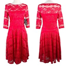 Sangria Dress Red Lace 6 Midi Sheer Neckline Stretch New