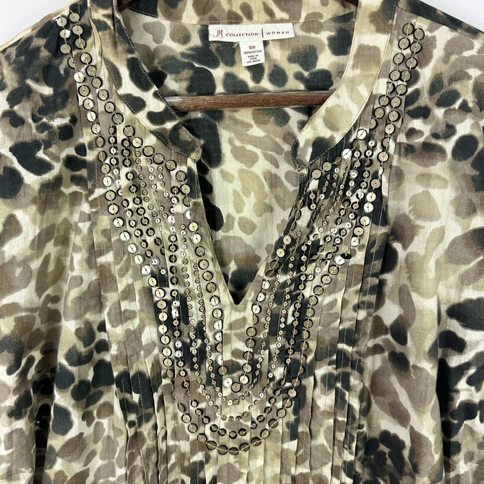 JM Collection 束腰外衣 16W 棕色豹亮片波西米亚上衣棉印度职业时尚 — 第 2/4 张图片