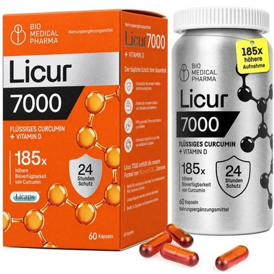 Kurkuma Kapseln Hochdosiert   185x Bioverfügbarkeit   Licur 7000 (60 Kaps)