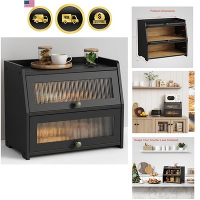 Large Bread Box for Kitchen Countertop, Black Bread Storage Container for Hom...