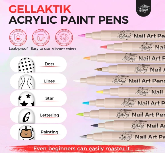 Conjunto de canetas para nail art 12 cores, canetas 3D para cor de unhas, marca de tinta acrílica de secagem rápida - Imagem 3 de 4