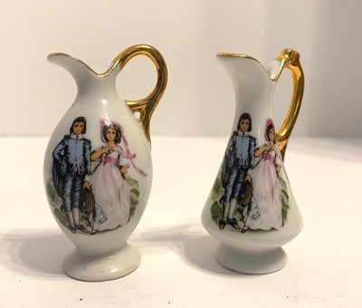 Vintage 2pc Lot Made in Japan Mini Porcelain Pitcher Blue Boy and Pinkie 3'' EXC!