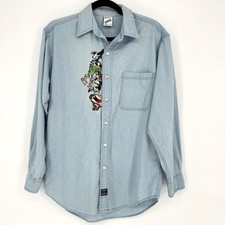 VTG Warner Bros. Looney Tunes Light Blue Denim Chambray Shirt Cartoon Embroidery