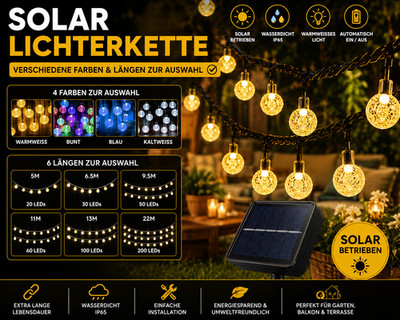 Solar Lichterkette Außen Warmweiß Wasserdicht Garten Balkon Deko Versch. Farben 