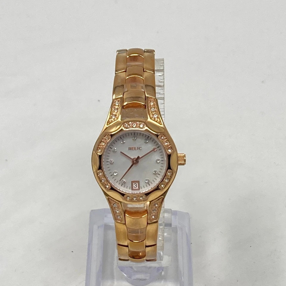 Relic Watch Women 25mm Rose Gold Tone Date Crystals Bling MOP New Battery 6.25" - Image 3 of 4