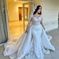 Luxury Mermaid Wedding Dress with Detachable Train Lace Long Sleeve Bridal Gowns