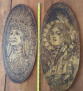 Vintage Flemish Art Company Pyrography Set Of 2 Native Americans 953 & 837