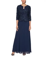 Alex Evenings Navy Blue Sequin Soutache Lace Gown with Jacket Size 4 $269