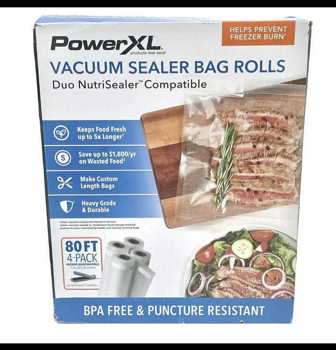 PowerXL Duo Nutrisealer Vacuum Sealer 11” Wide Bags 4-Pack -80ft BPA- Free Roll