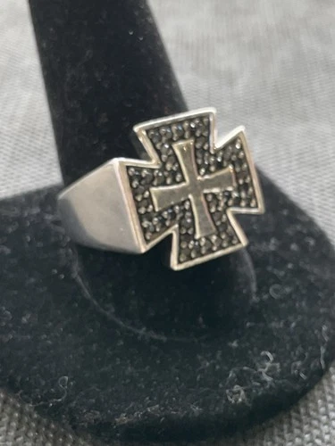 Men's 925 Sterling Silver maltese cross ring black stones size 11 Vintage