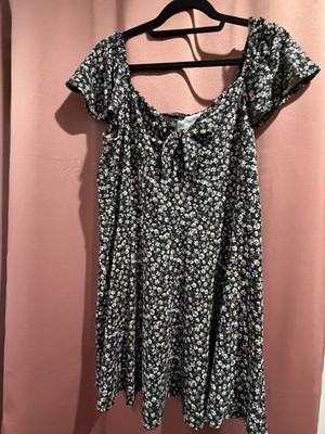 BCX Black Multicolor Floral Chiffon A-Line Dress Bow Front Short Sleeve XL