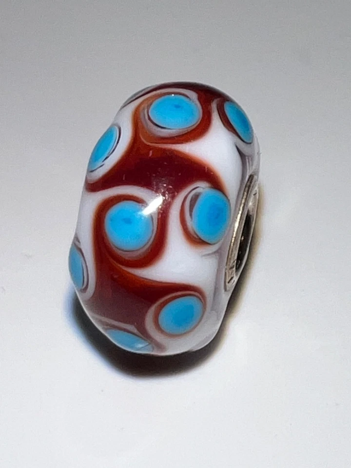 🌟Original Trollbeads Glasbead Unique Harlekin Wirbel Braun Weiß Türkis Ornament