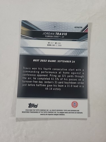 2022 Bowman's Best University Refractor #3 Jordan Travis RC FSU - Picture 2 of 2